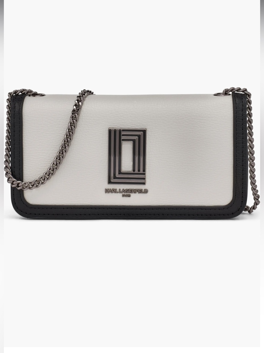 NEW Karl Lagerfeld Paris Kosette White and BlackTextured  Logo Chain Crossbody